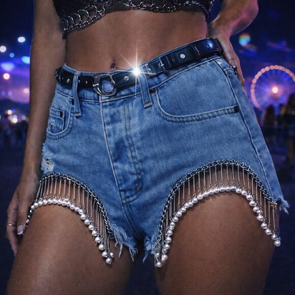 Festival Jeweled Fringe Denim Shorts Pearl Chain Cutoff Size 25 - Picture 9 of 10